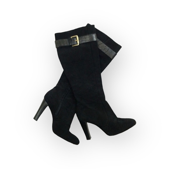Michael Kors ♔ Croc Embossed Buckled Tall Heeled Boots Boot ♔ Black Suede ♔ 6M ♔ - Picture 15 of 16
